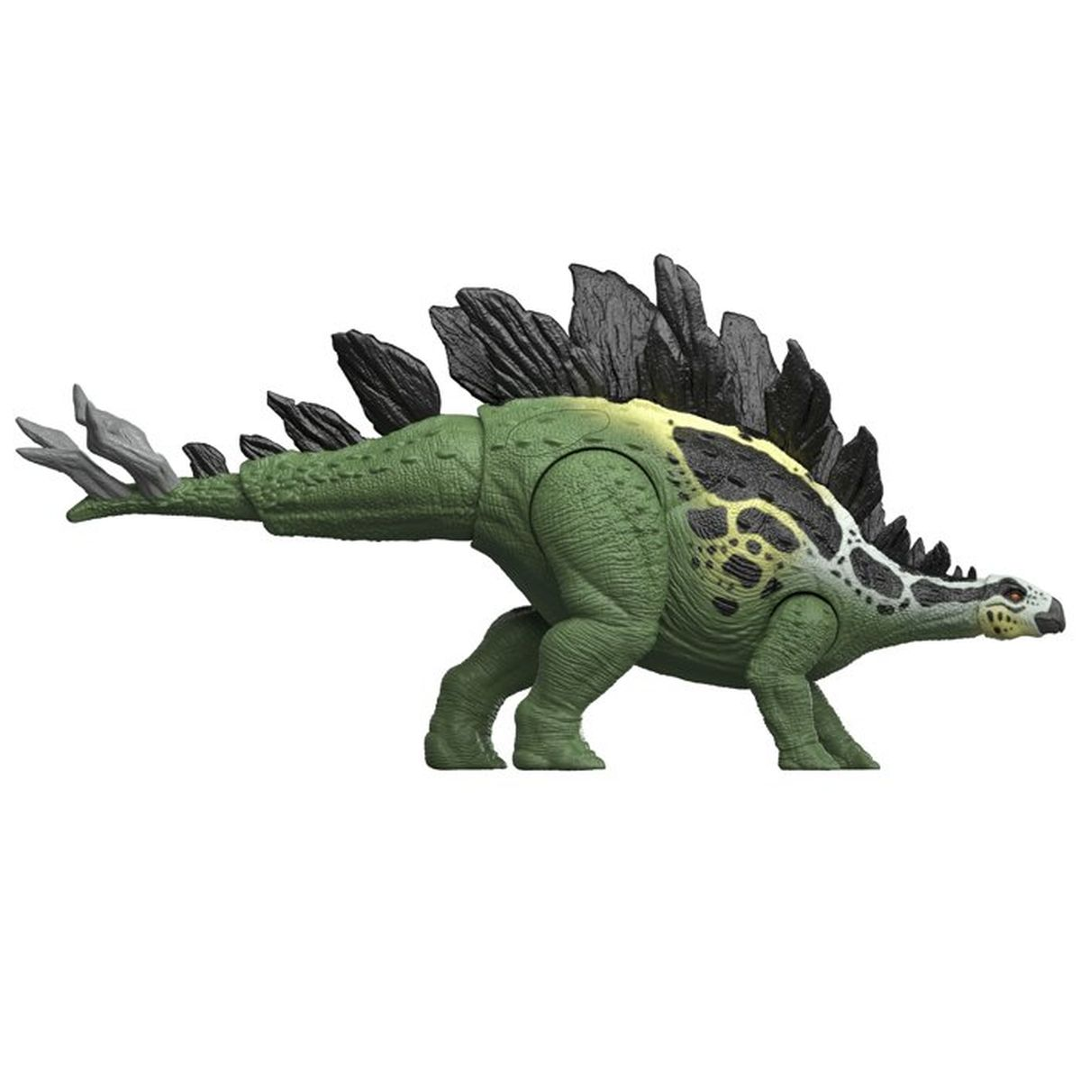 Ein grüner Stegosaurus Spielzeug mit schwarzen Rückenplatten und einem bedruckten Körper.