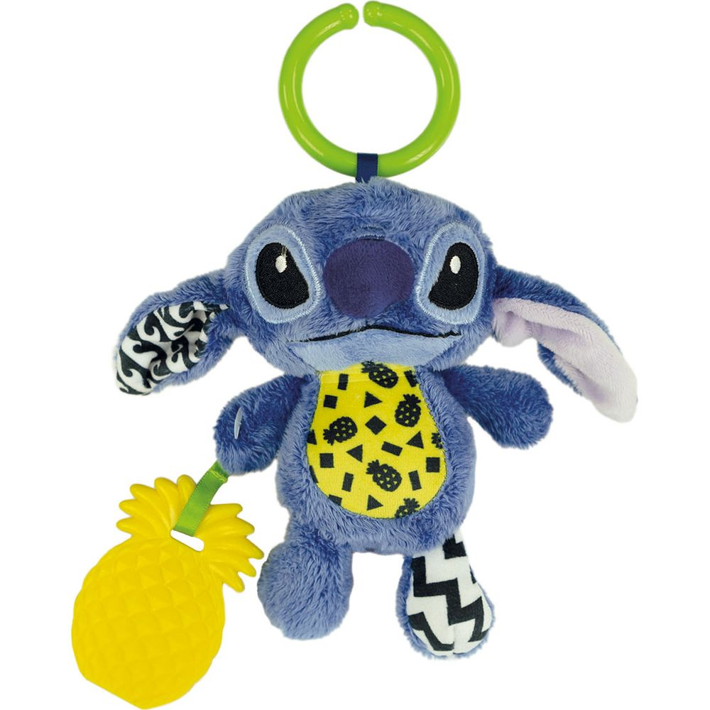 Peluche blu Stitch con bavaglino giallo ananas e anello verde.