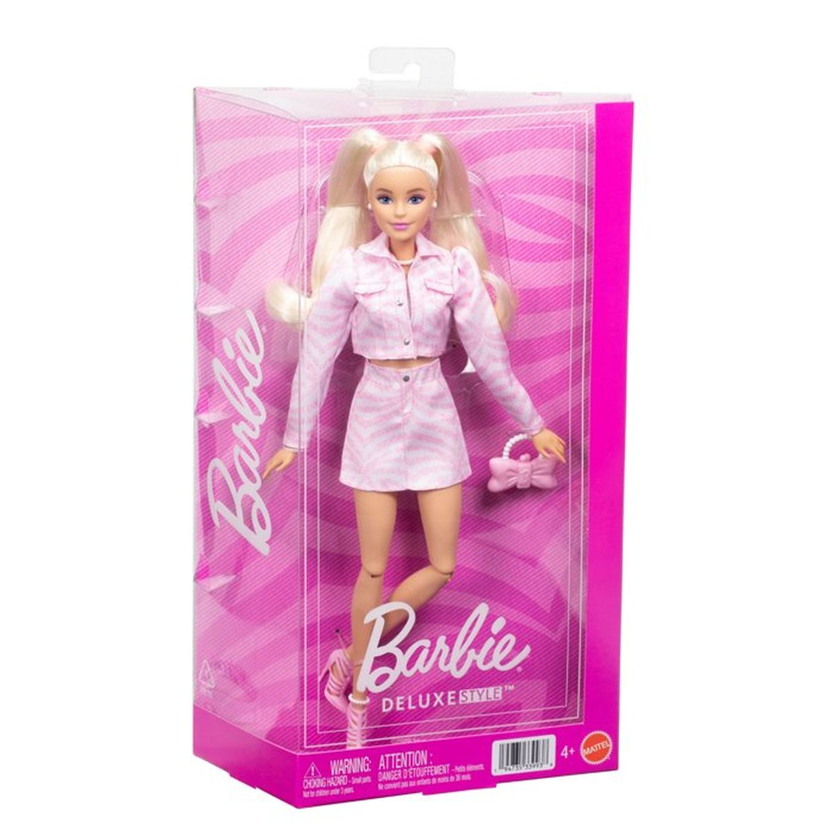 Barbie-Puppe in rosa gestreifter Kleidung und Tasche in rosa Verpackung.