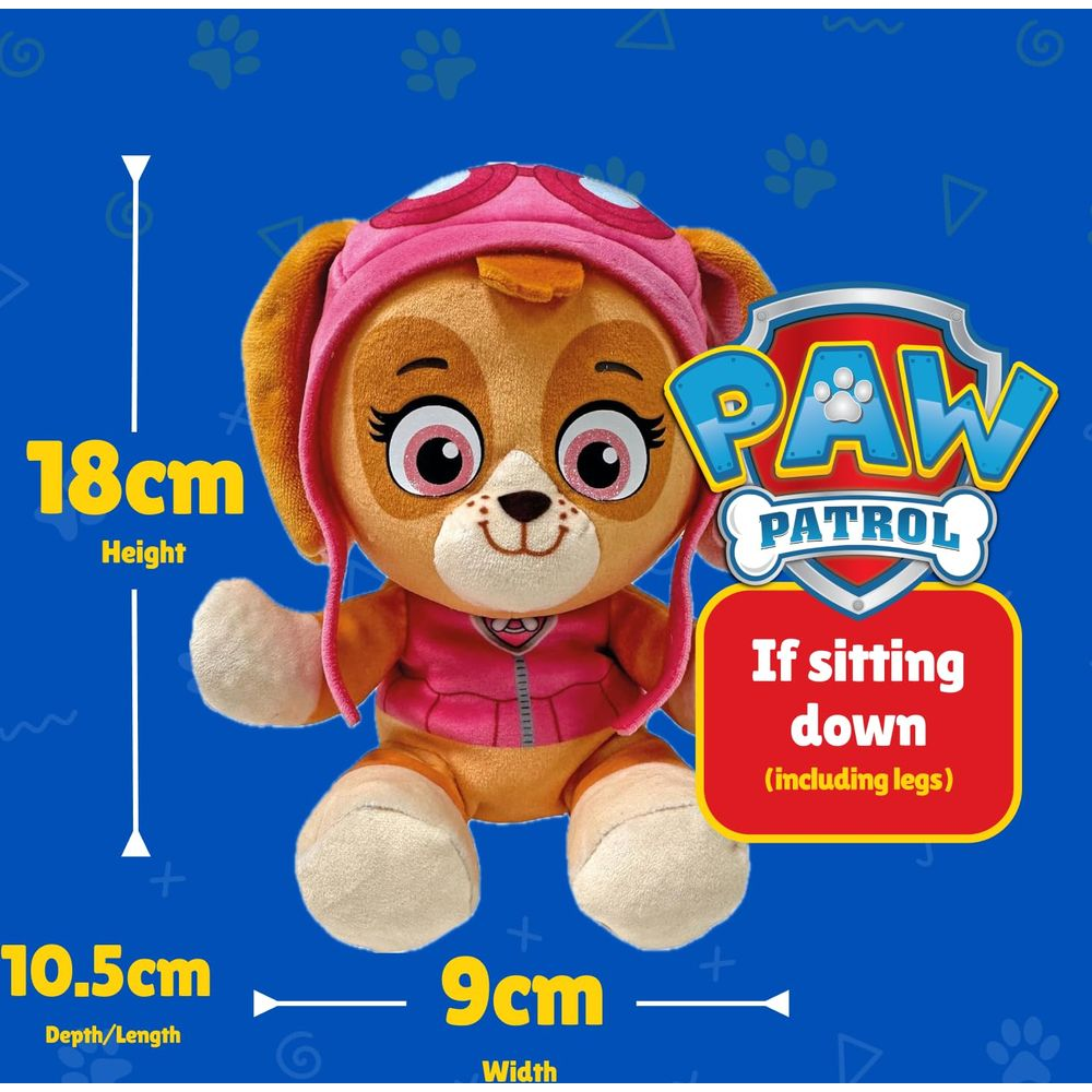 Peluche Paw Patrol Skye, altezza 18cm, profondità 10,5cm, larghezza 9cm.