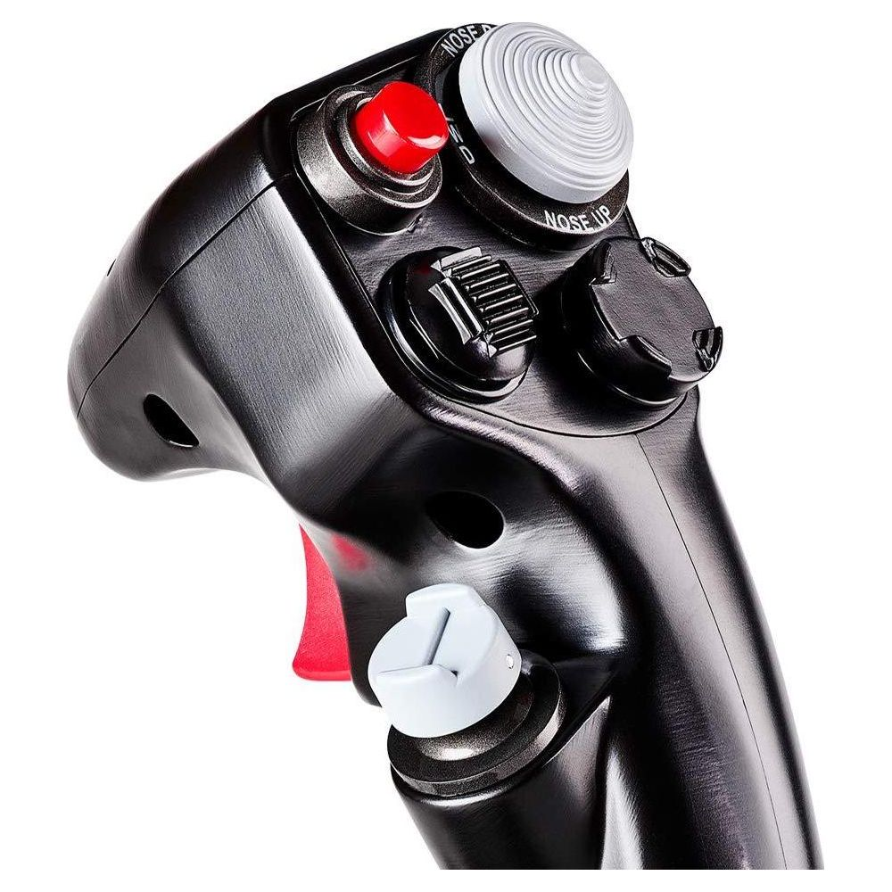 Black joystick with red and white buttons, switches, and a trigger.