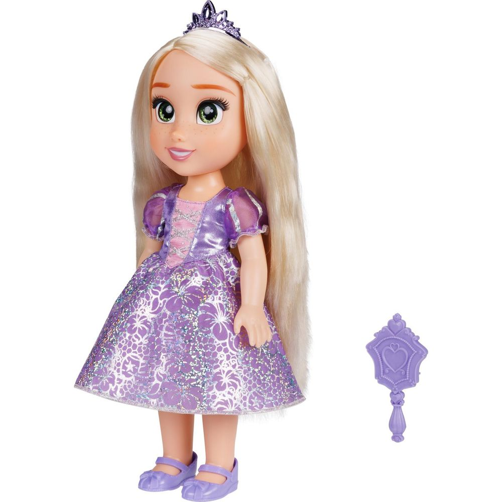 Una muñeca princesa con pelo rubio largo, tiara y vestido morado.