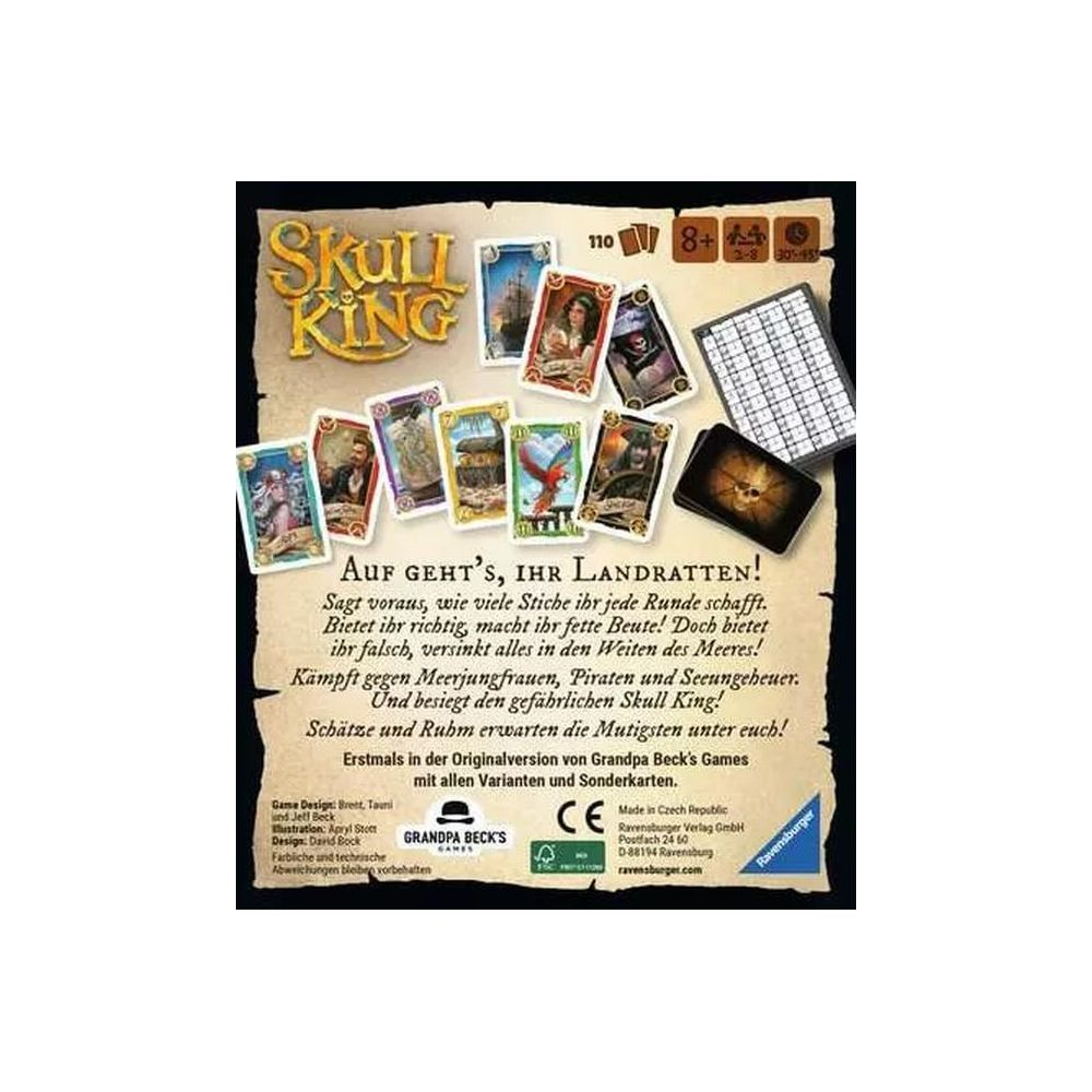 Gra planszowa "Skull King" z kartami, planszą i zasadami. Motyw piracki.