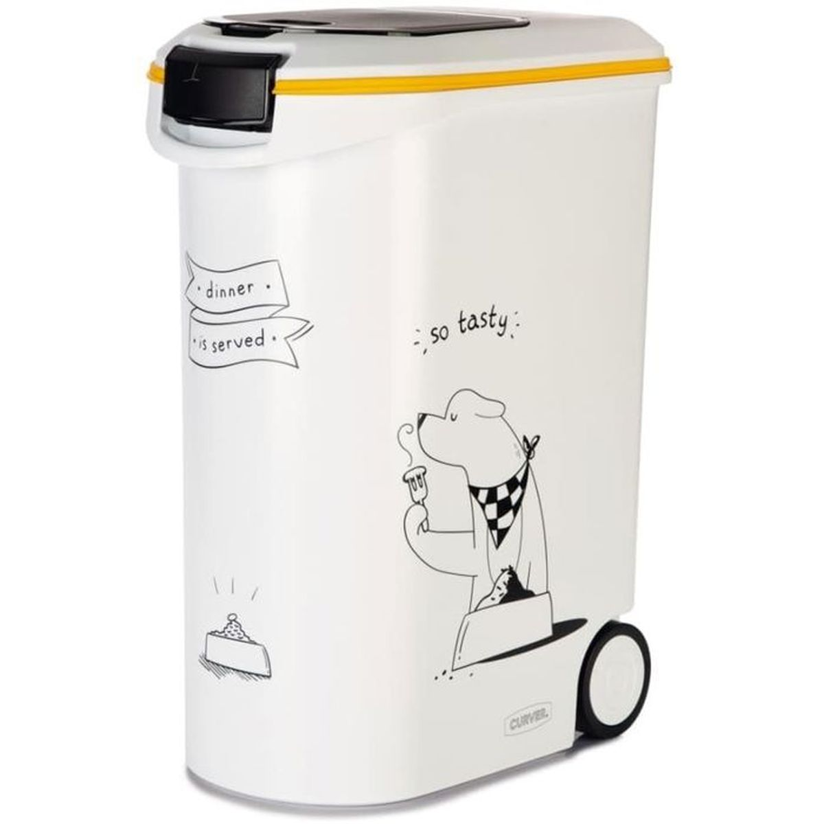 Contenitore bianco con bordo giallo, grafica di cane e ruote.