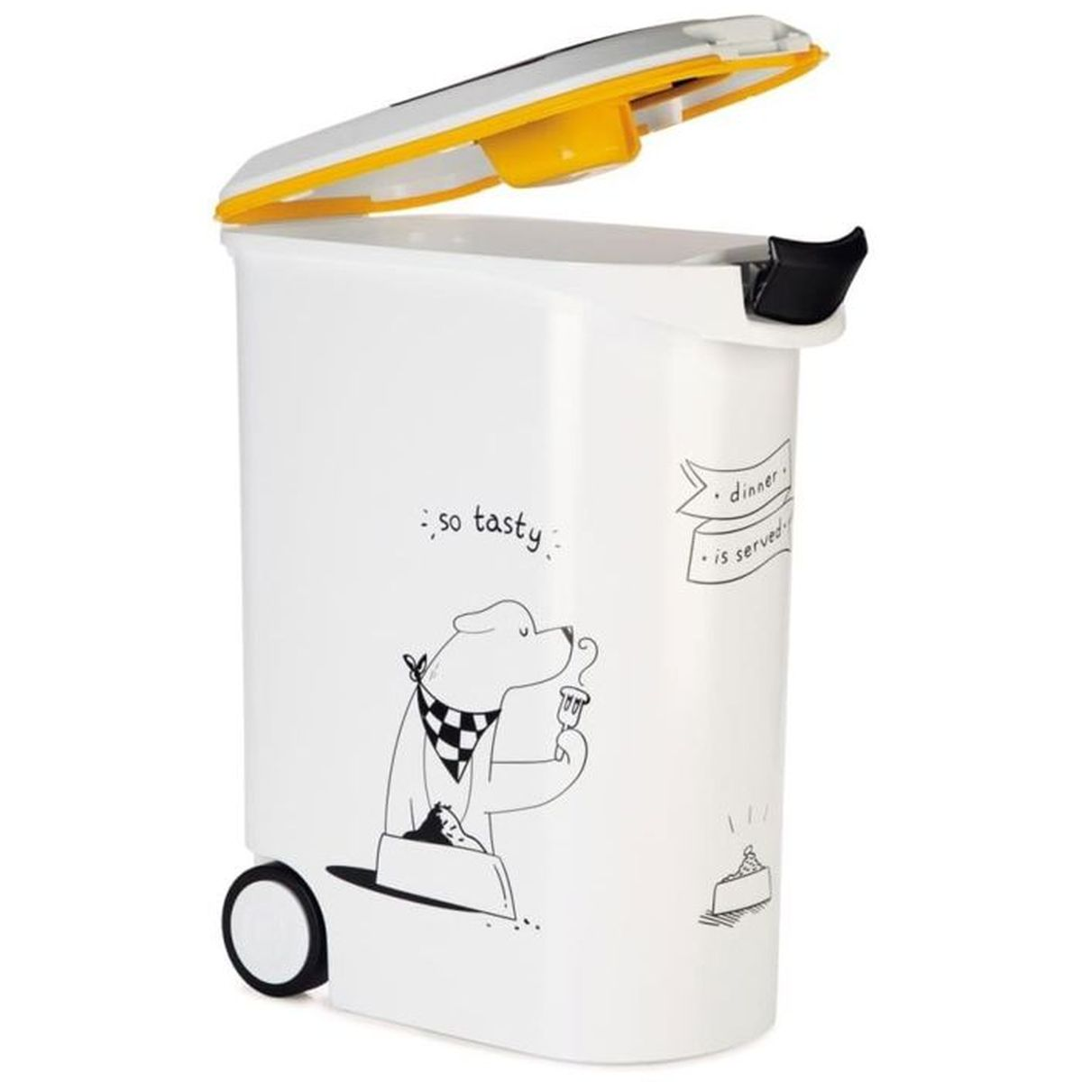 Contenitore bianco con coperchio giallo, illustrazione cane, su ruote.