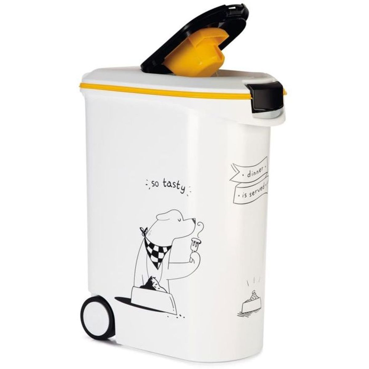 Contenitore bianco per alimenti per animali domestici con coperchio nero, bordo giallo, ruote e un cane dei cartoni animati che mangia da una ciotola.