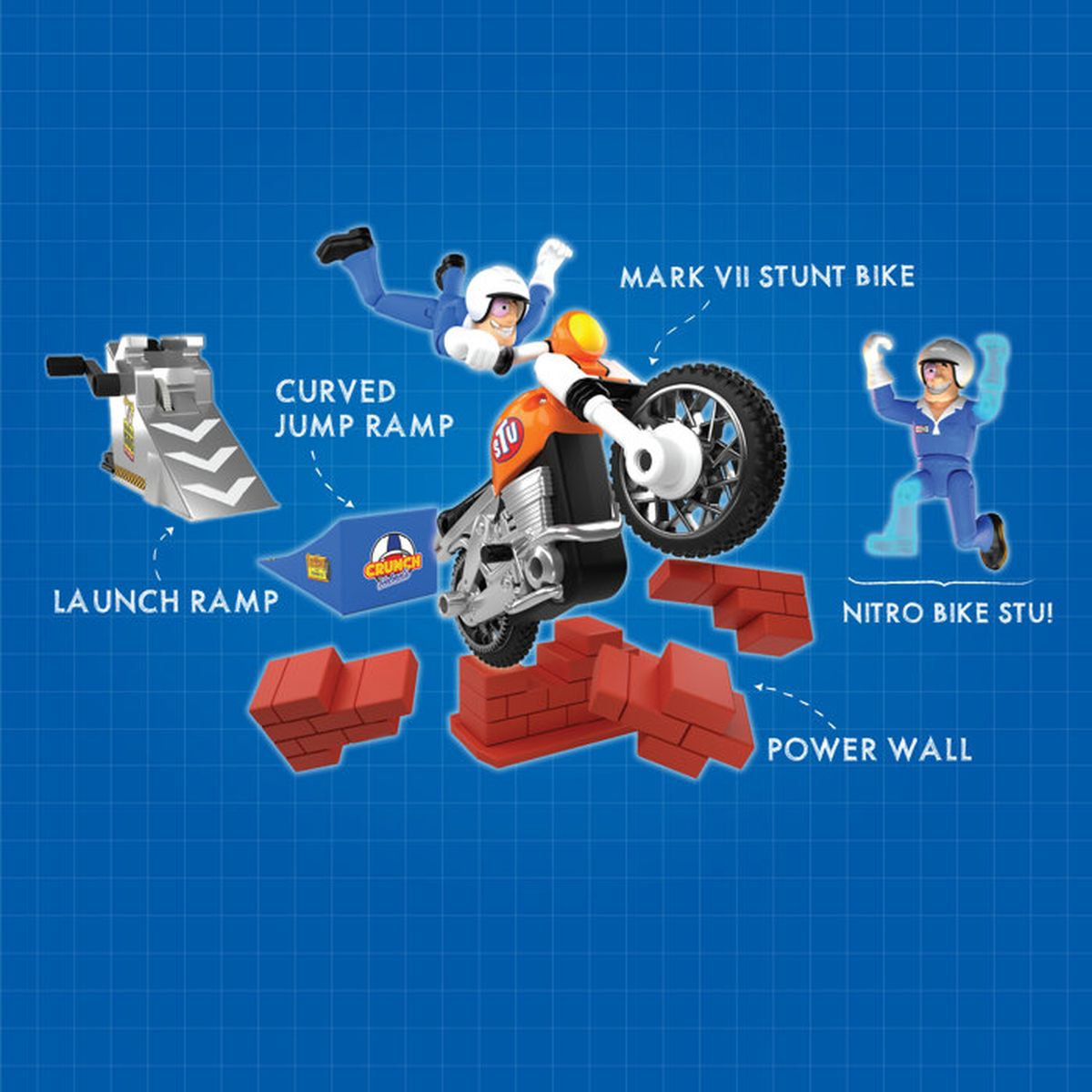 Motocicleta de acrobacias con rampas y figuras sobre fondo azul.