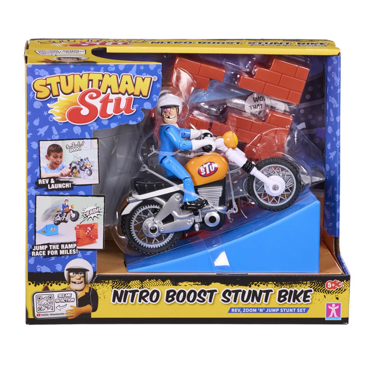 Set de juguete Stuntman Stu con moto de acrobacias, rampa y pared de ladrillos.