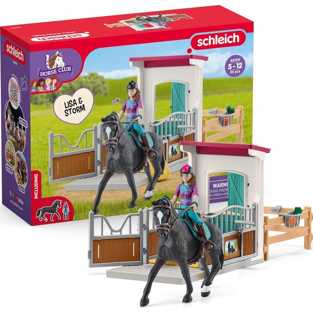 Schleich Pferdestall mit zwei Mädchen und Pferden, Spielzeug für Kinder.