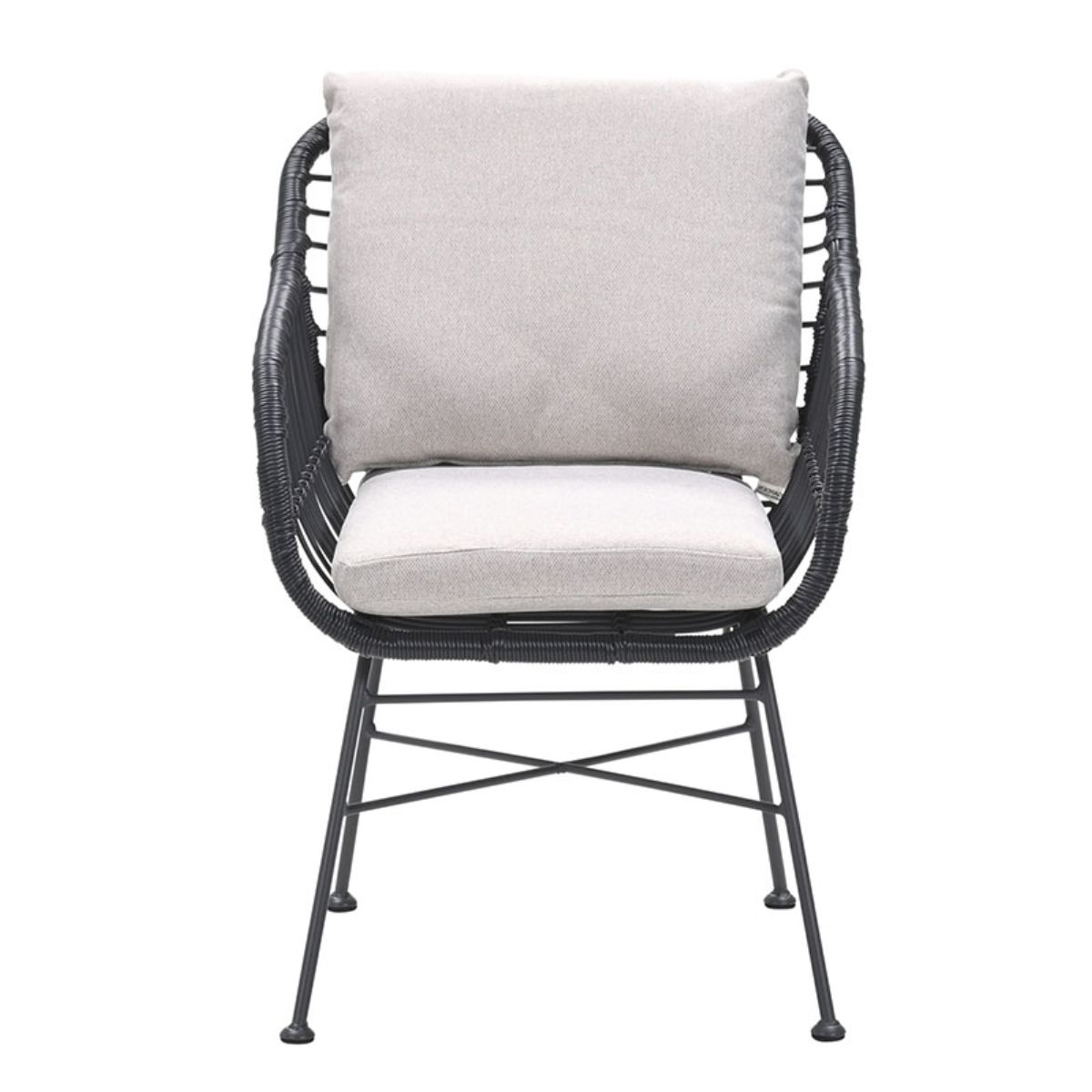 A black rattan chair with light gray cushions against a white background.