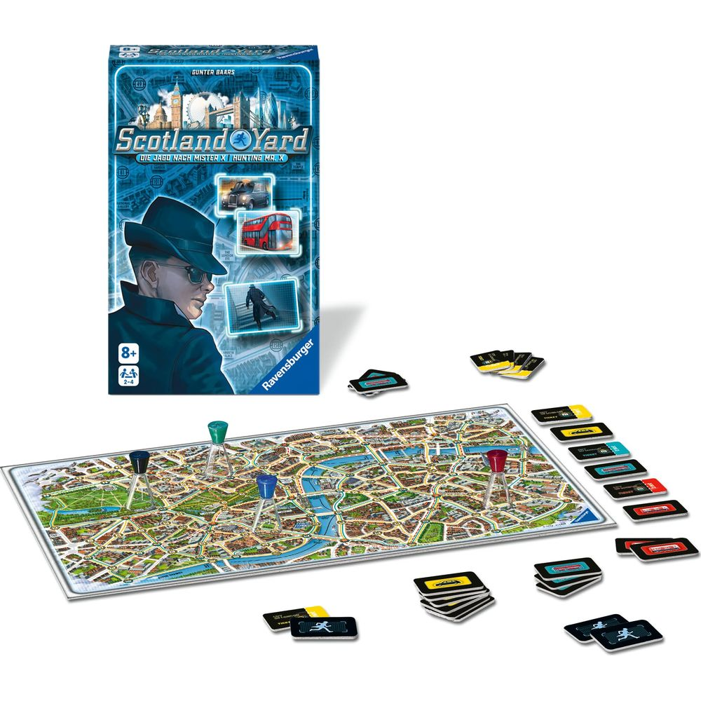 Gioco da tavolo Scotland Yard con tabellone, pedine e scatola.