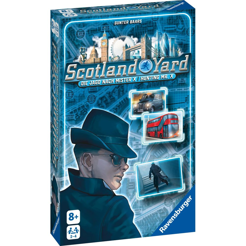 Gioco da tavolo Scotland Yard con monumenti londinesi, detective in primo piano.