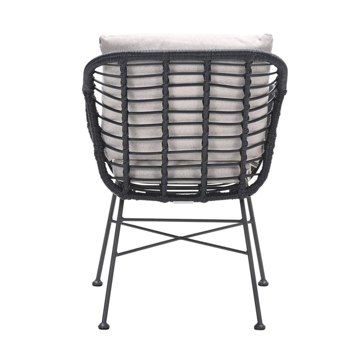 Back view of a woven chair with black metal legs and light grey cushions.