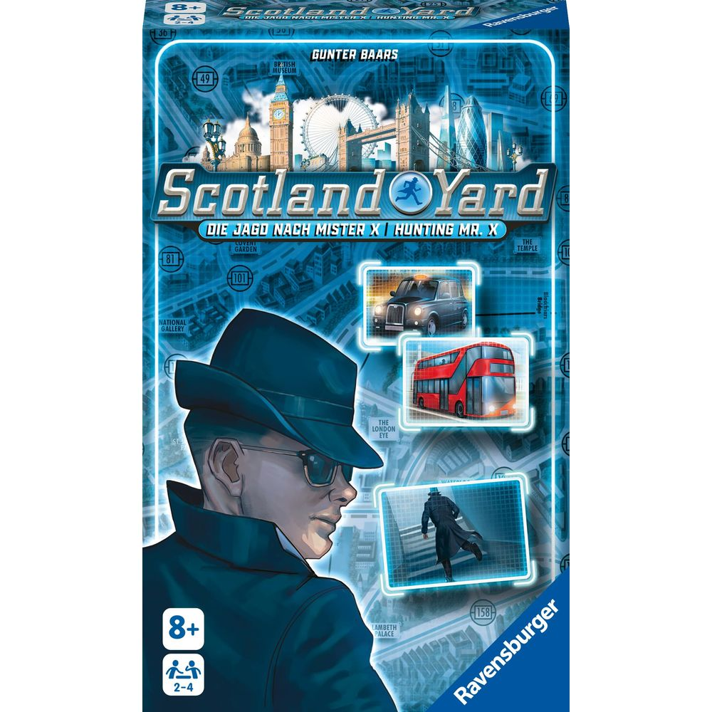 Il gioco da tavolo "Scotland Yard" presenta un detective, monumenti di Londra e veicoli.