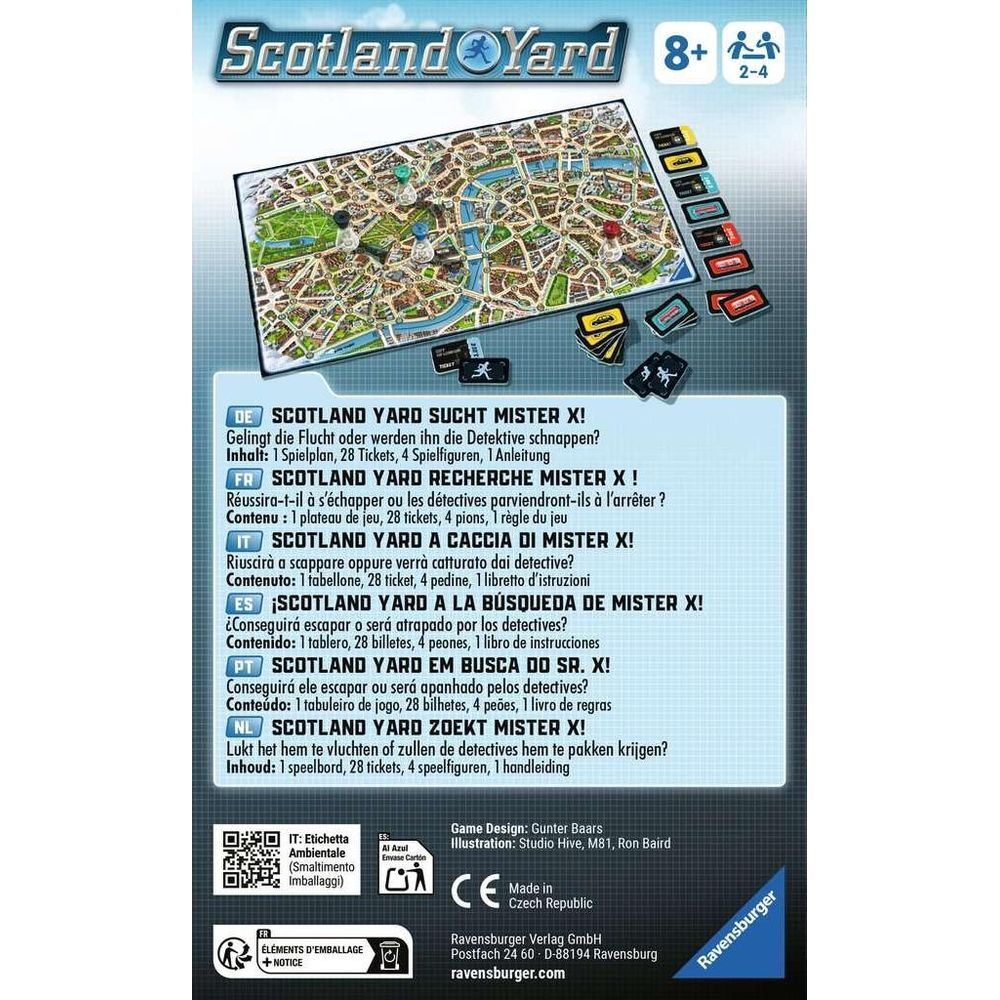 Gioco da tavolo Scotland Yard con tabellone, pedine e ticket. Testo multilingue.