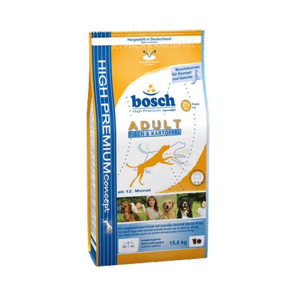 Karma dla psów Bosch Adult Ryba & Ziemniak, 15kg, z ekstraktem z małży.