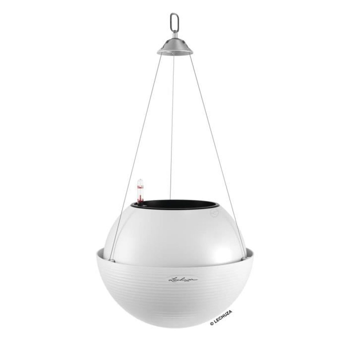 Une jardinière suspendue sphérique blanche avec une base nervurée et un indicateur de niveau d'eau.