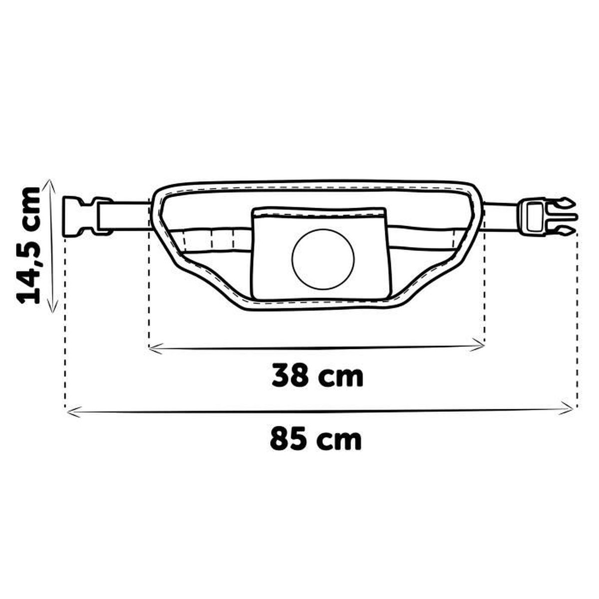 Gürteltasche mit Maßen: 14,5 cm Höhe, 38 cm und 85 cm Länge.
