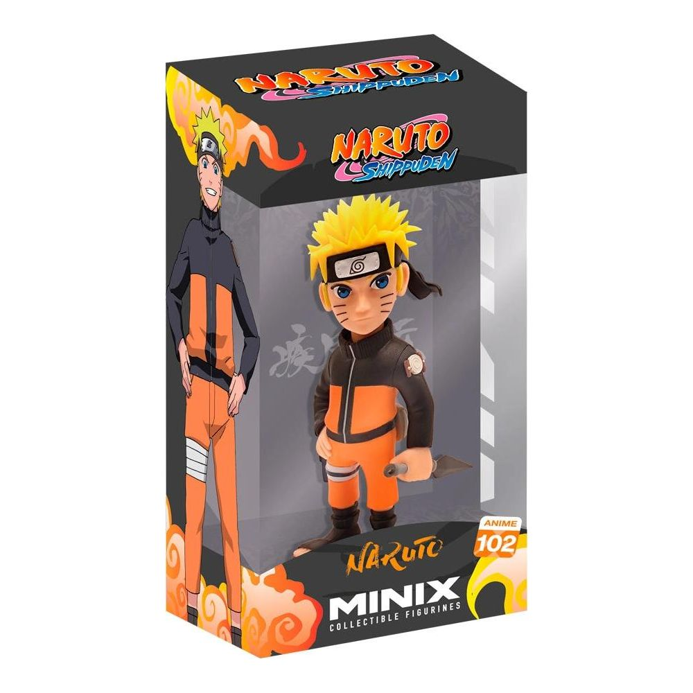 Statua di Naruto nella sua scatola, con un'immagine di Naruto a sinistra.