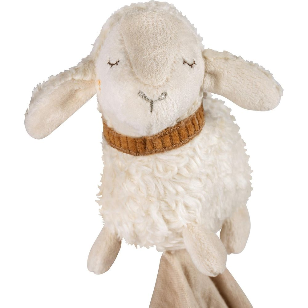 Ein weiches, cremefarbenes Schaf-Stofftier mit geschlossenen Augen und braunem Kragen.