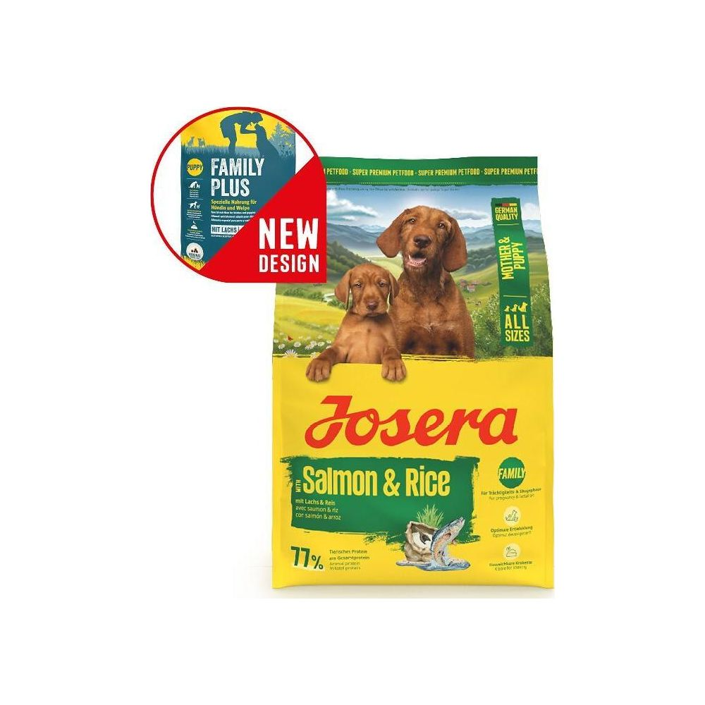 Josera Futterpackung mit Mutter und Welpe-Motiv, Lachs & Reis.