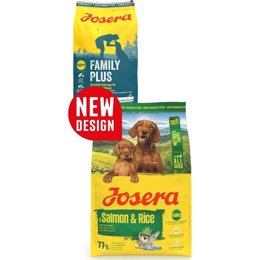 Zwei Josera Hundefutter-Säcke: einer für Welpen, einer für Mutter & Welpe.
