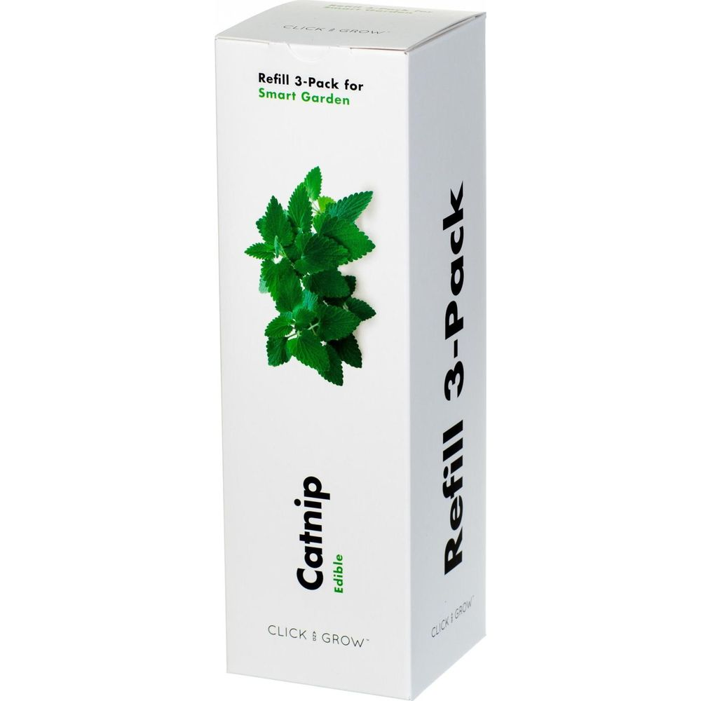 Boîte blanche avec feuilles de cataire vertes. Texte : 'Catnip Edible' et 'Refill 3-Pack'.