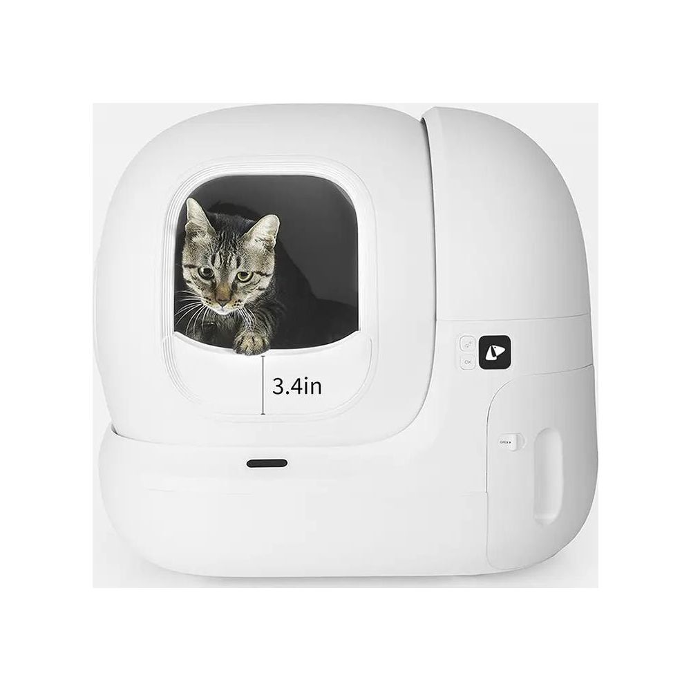 Un gatto soriano guarda da una lettiera bianca autopulente.