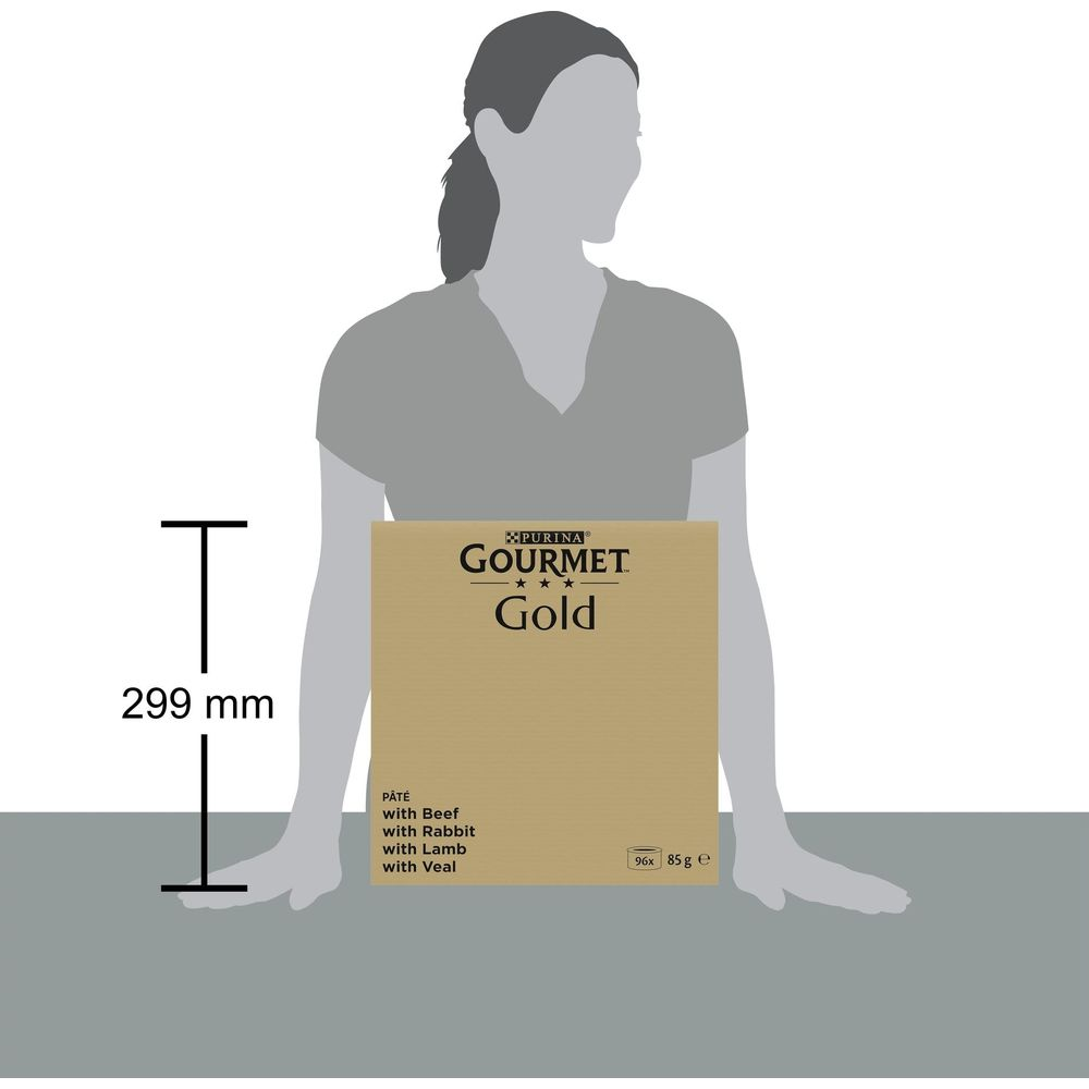 Osoba trzyma złotę pudełko karmy dla zwierząt Purina Gourmet Gold, o wysokości 299 mm.