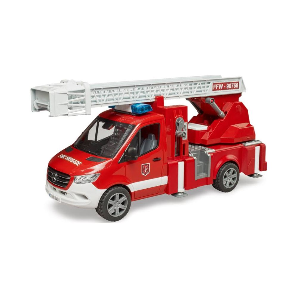 Czerwony wóz strażacki zabawka z wysuwaną drabiną i niebieskimi światłami.