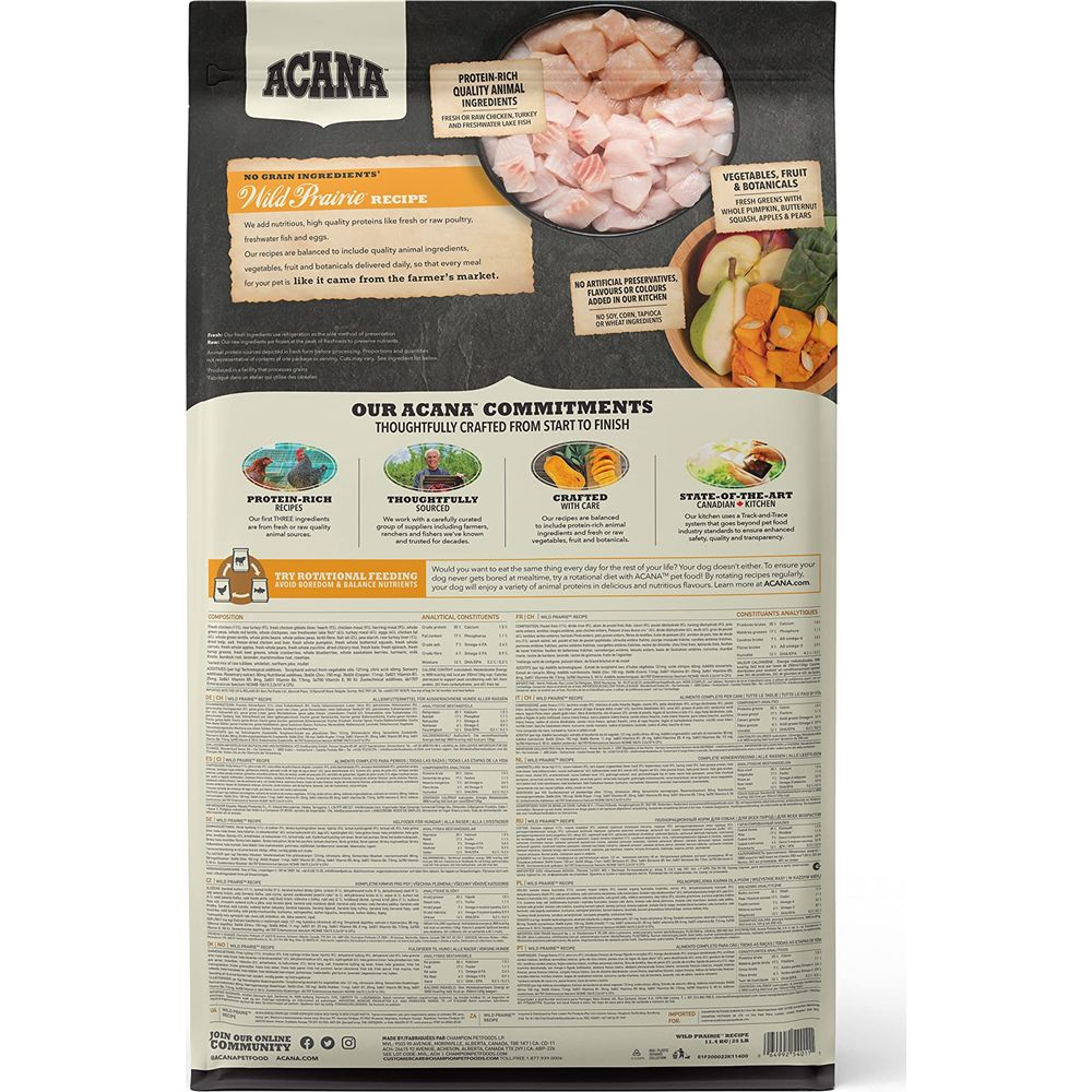 Opakowanie karmy dla psów Acana z listą składników i sloganami.