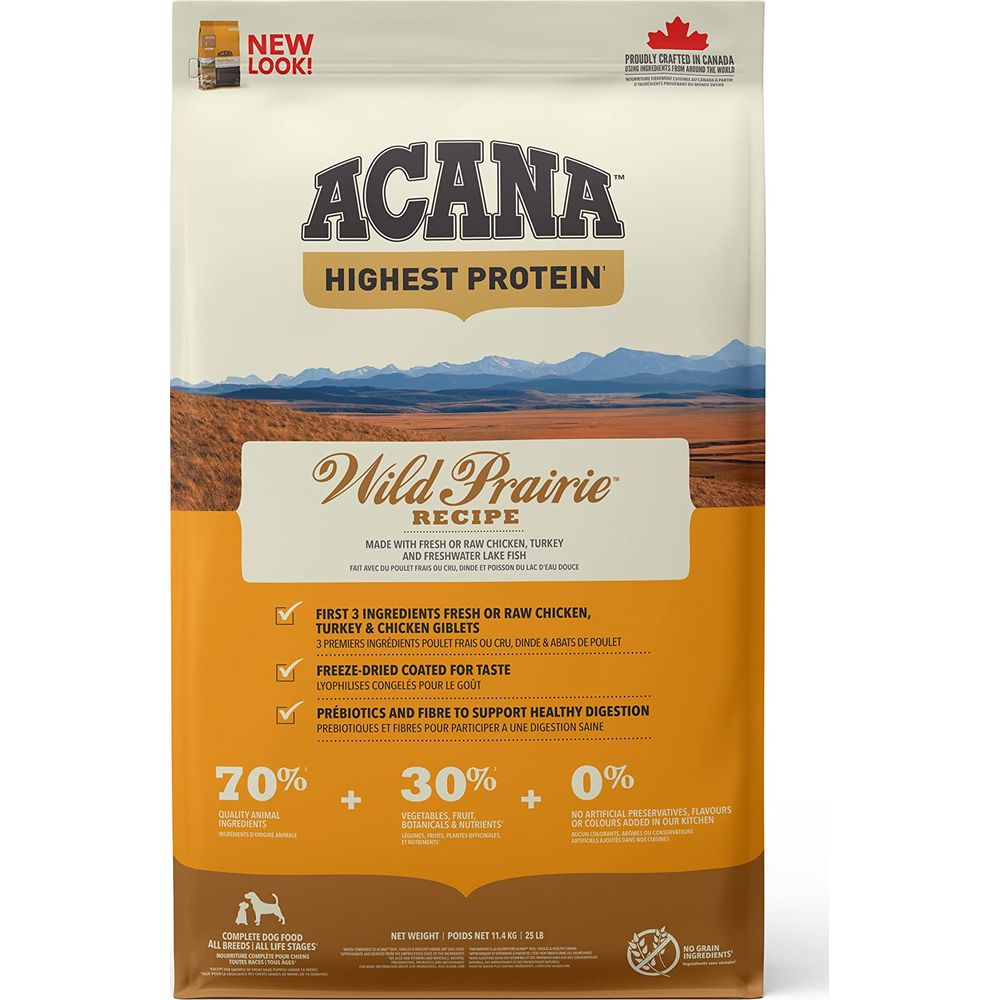 ACANA Wild Prairie karma dla psów z kurczakiem, indykiem i rybą. 70% mięso, 30% owoce/warzywa.