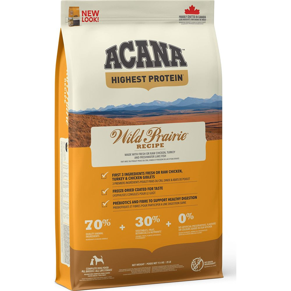 Torba karmy dla psów ACANA Wild Prairie z krajobrazem dzikiej przyrody.