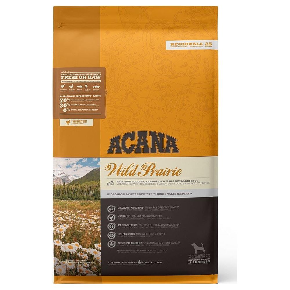 Karma dla psów ACANA Wild Prairie z drobiem, rybą i jajkami. W tle krajobraz górski i kwiaty.