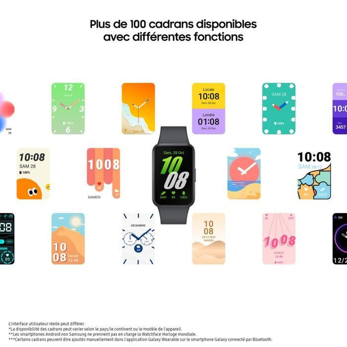 Un collage de varias esferas de smartwatch que muestran horas y diseños.