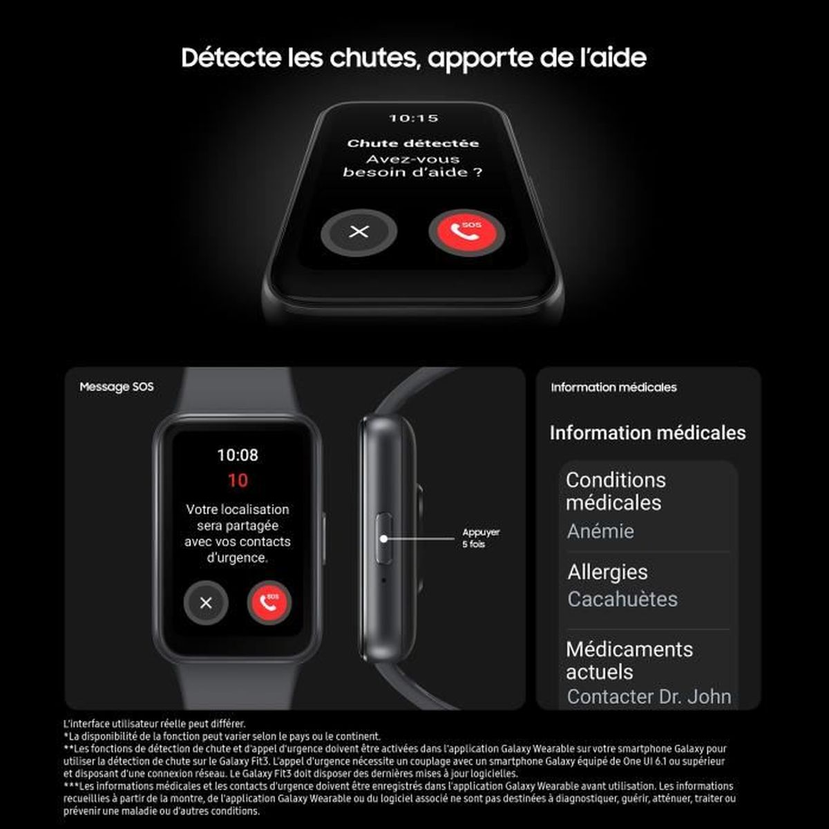 Reloj inteligente muestra detección de caídas con opción SOS e info médica.
