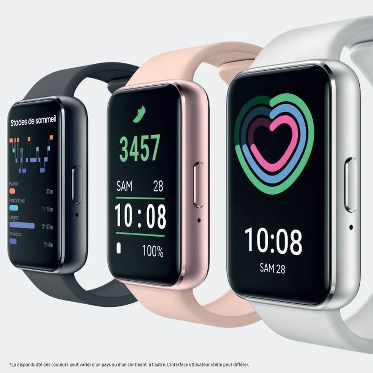 Tres relojes inteligentes en negro, rosa y plateado muestran diferentes pantallas.