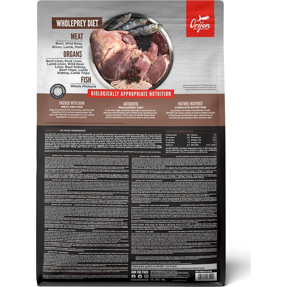 Torba karmy dla psów Orijen: Dieta Whole Prey: Mięso, Narządy, Ryby.
