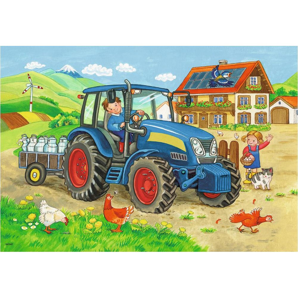 Un tracteur bleu avec une remorque de bidons de lait, un garçon, des poules, une fille, un chat et une maison.