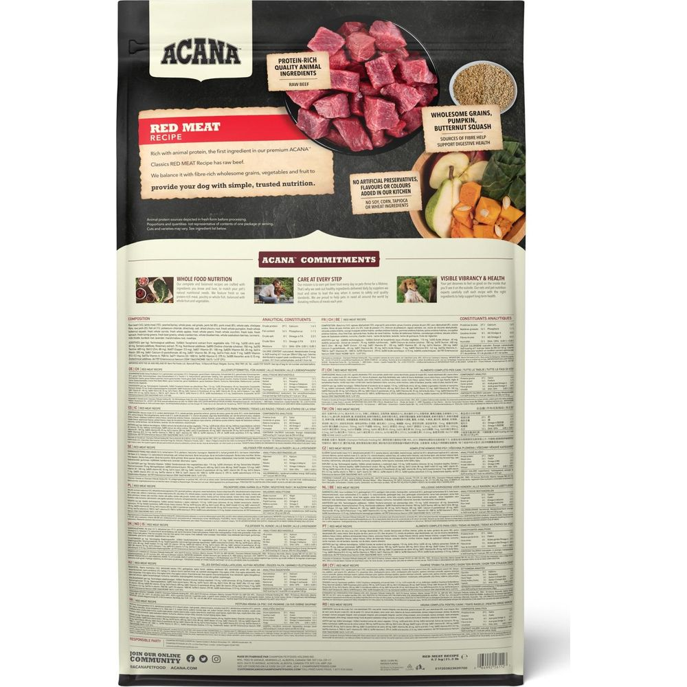 Torebka karmy dla psów z wołowiną, zbożami, dynią i dynią.