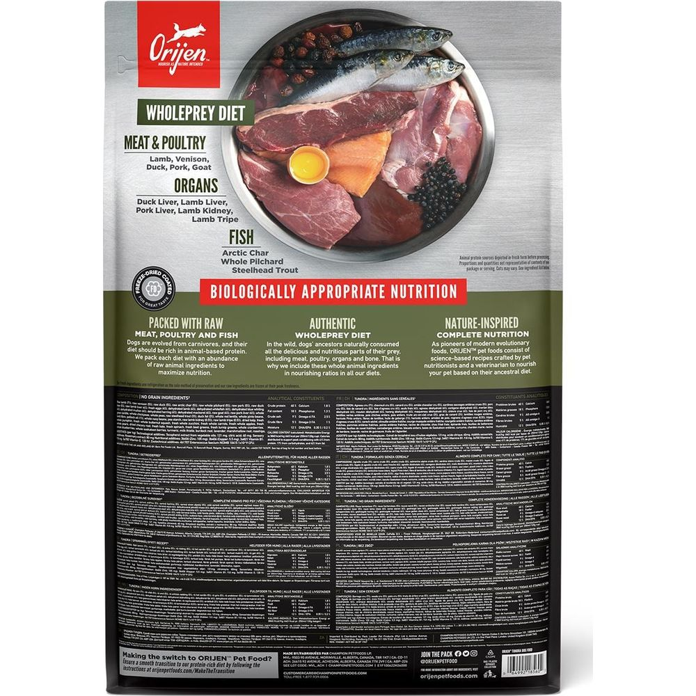 Torba karmy dla psów Orijen z dietą WholePrey: mięso, drób, organy, ryby.