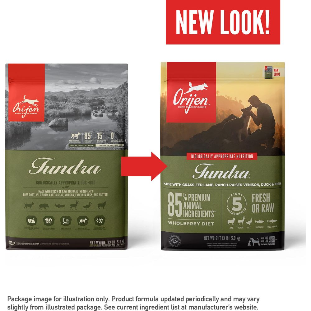 Dwie paczki karmy dla psów Orijen Tundra, pokazujące stare i nowe projekty obok siebie.