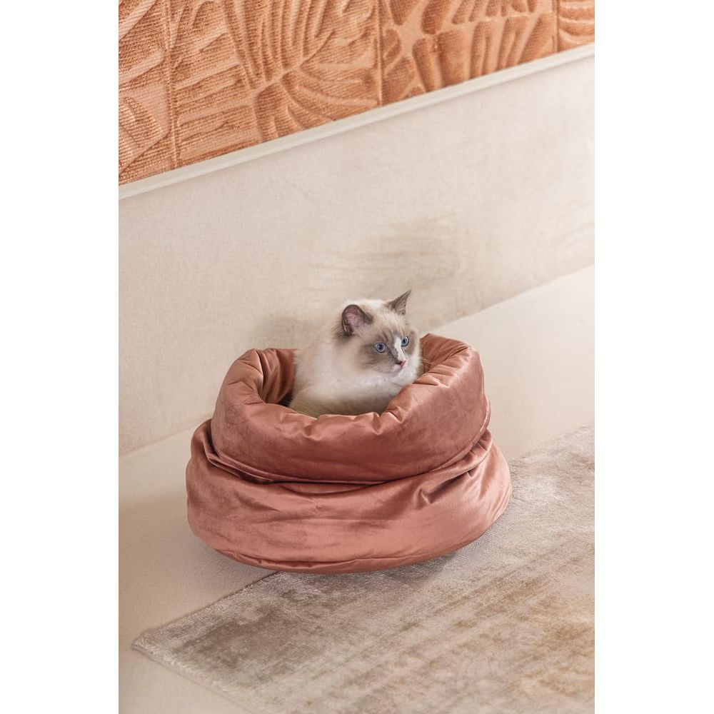 Eine Katze sitzt in einem rosafarbenen Korb vor einer gemusterten Wand.
