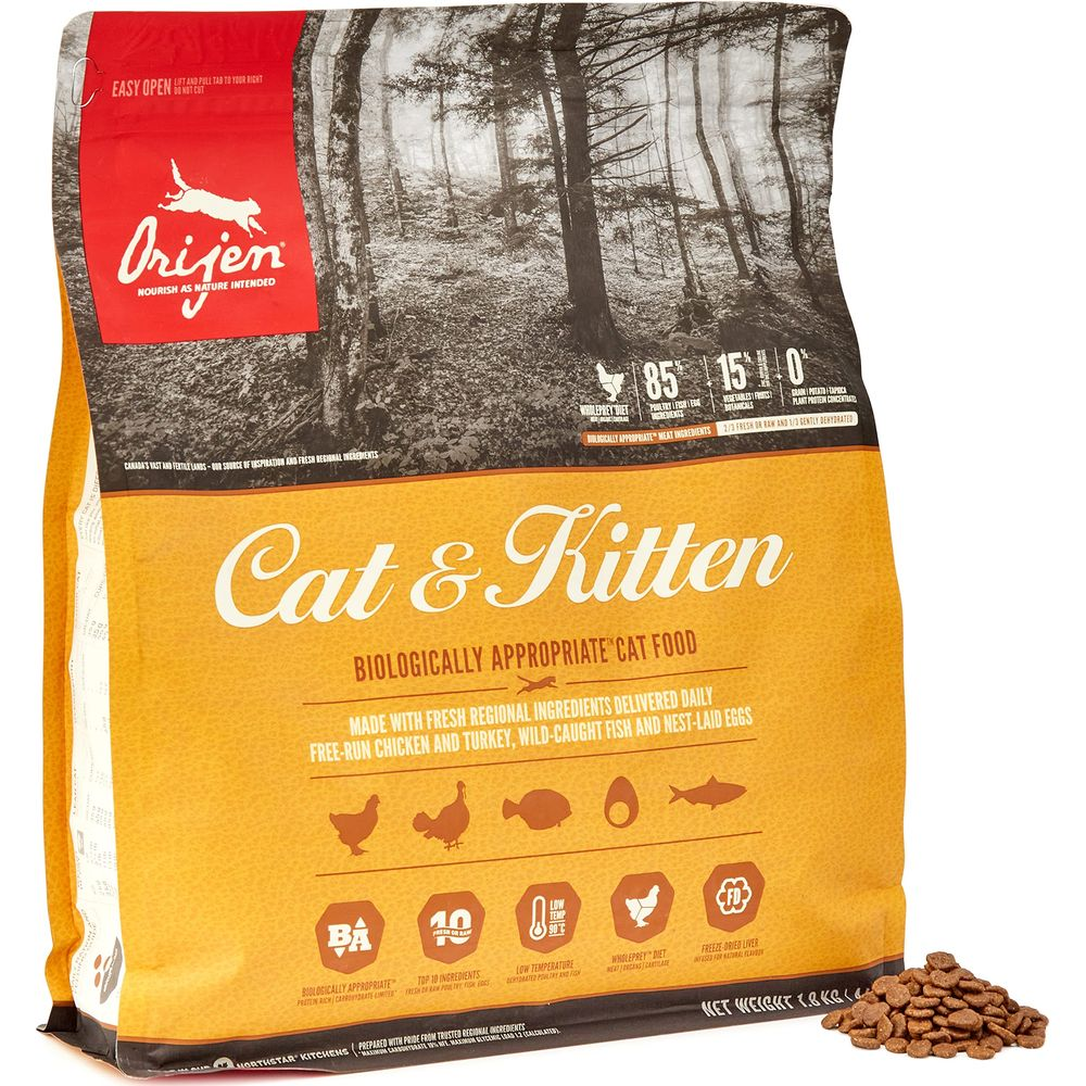 Torba karmy dla kotów Orijen z motywem lasu i logo kota. Tekst: Kot i Kocię.