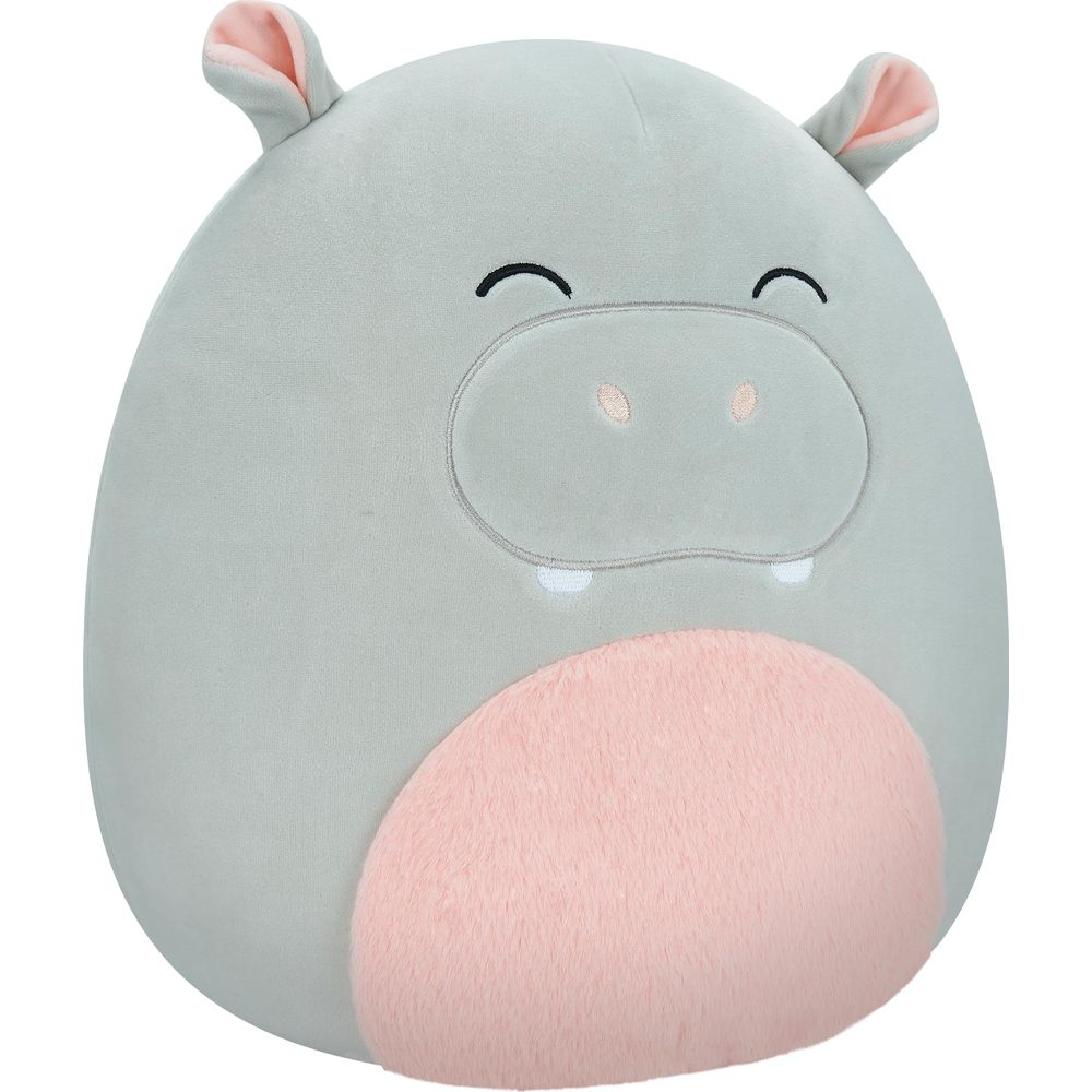 Ein graues Hippo-Stofftier mit rosa Bauch und Ohren, mit aufgenähtem Gesicht.