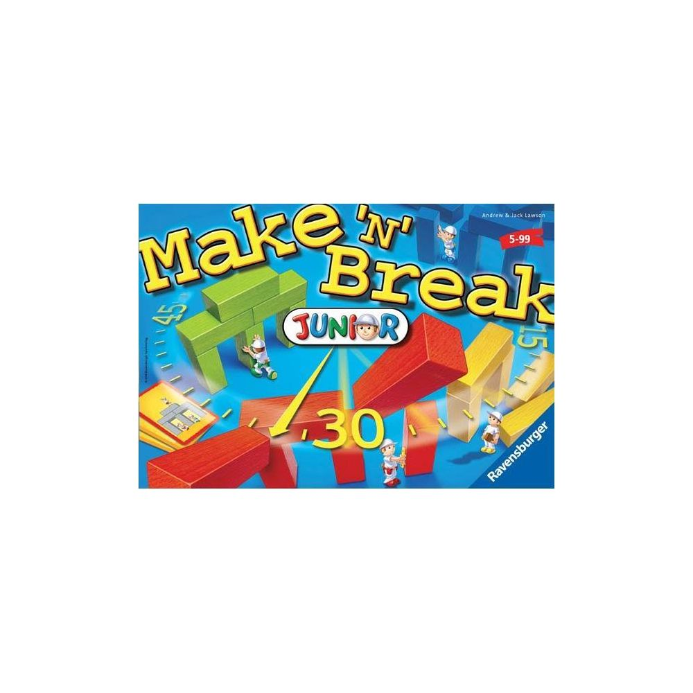 Caja del juego Make 'n Break Junior con bloques y figuras coloridas.