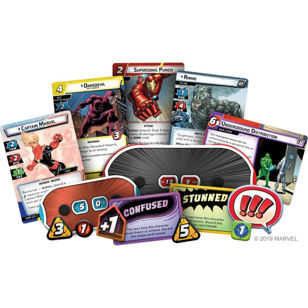 Marvel-Spielkarten: Captain Marvel, Daredevil, Iron Man, Rhino, Statuskarten.