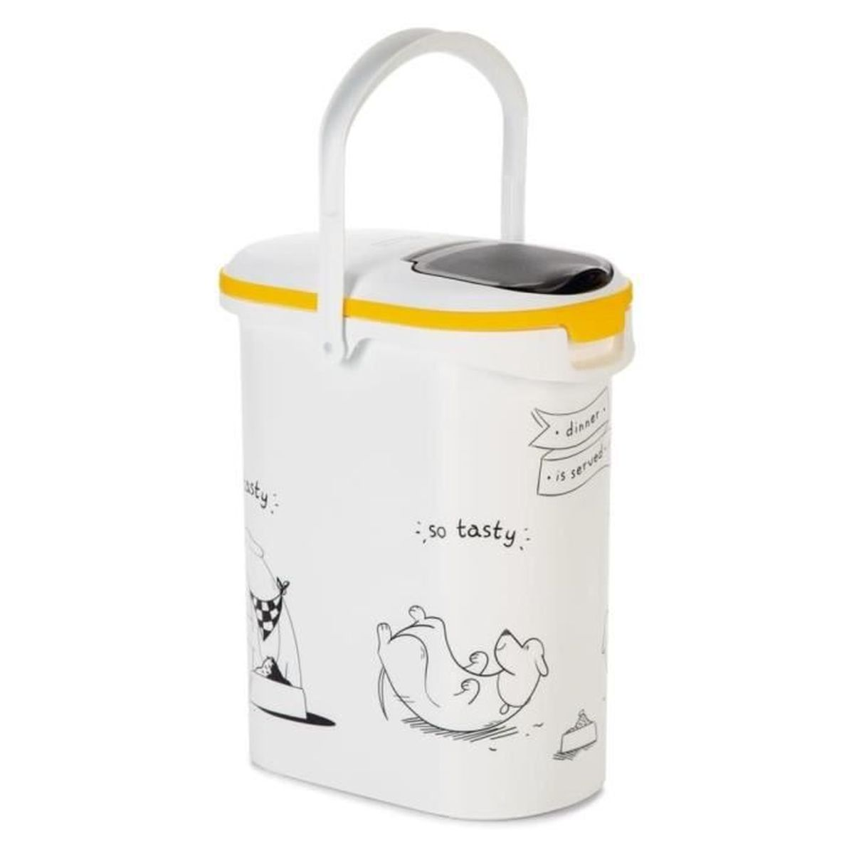 Un contenitore bianco con bordo giallo e manico, con disegni di cani.