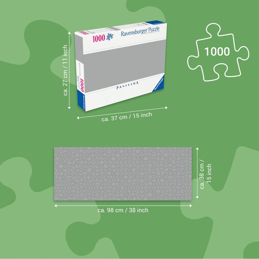 Scatola puzzle Ravensburger da 1000 pezzi e puzzle assemblato con dimensioni.