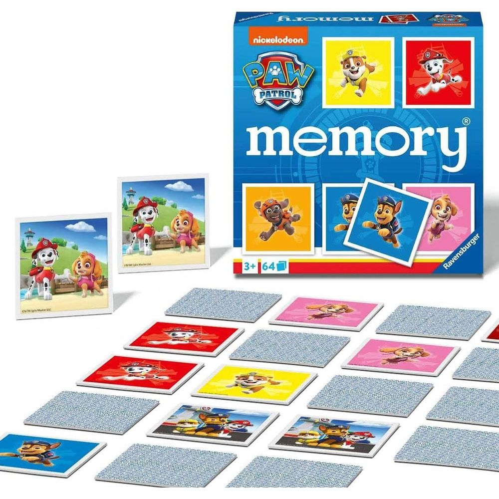Tabellone gioco Paw Patrol Memory con carte e scatola. Personaggi di cani raffigurati.